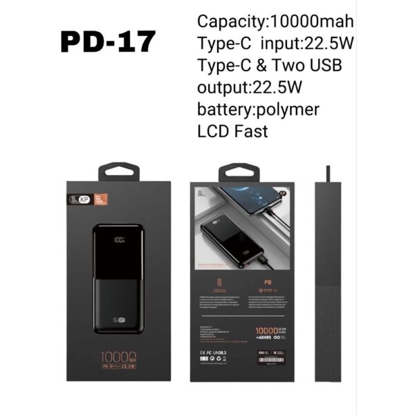 PD 17 10000mAh Power Bank – 22.5W Fast Charging, LCD Display, Type-C Input/Output, Polymer Battery
